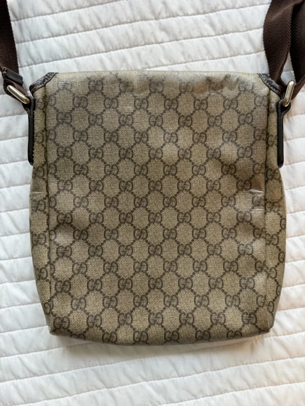 Gucci Beige Monogram Canvas Messenger Bag with Brown Trim